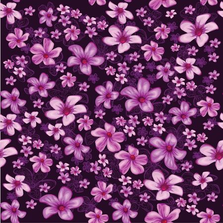 Seamless foral pattern with lined and colored flowers on dark backgroundのイラスト素材