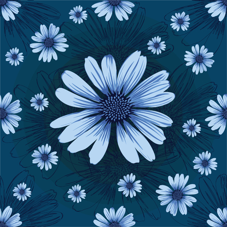 Seamless pattern with blue flowers and lined flowers on black backgroundのイラスト素材