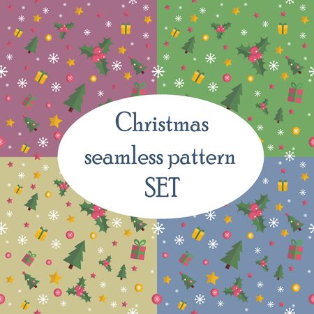 Christmas seamless pattern set with flat designed trees, decorations, stars, holly leaves, snowflakes, gift boxes.のイラスト素材