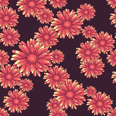 Seamless pattern with pink daisy flowers on dark violet backgroundのイラスト素材