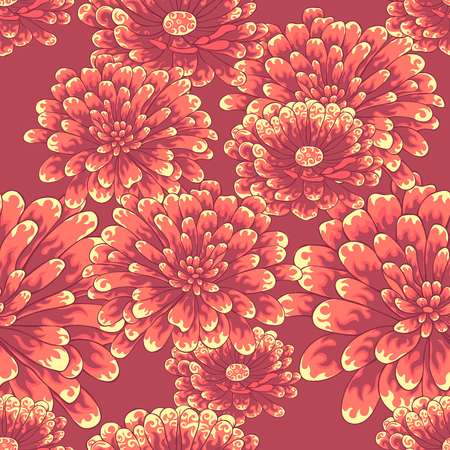 Seamless decorative floral pattern with orange flowers on an orange backgroundのイラスト素材