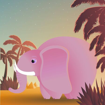 Vector illustration of elephant with starry sky, palms and sands. Single pink elephant in an oasisのイラスト素材