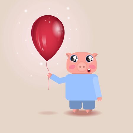 Vector illustration of cheerful little pig with big red balloon and sparkles for printing, web-design, textile, wrapping paperのイラスト素材