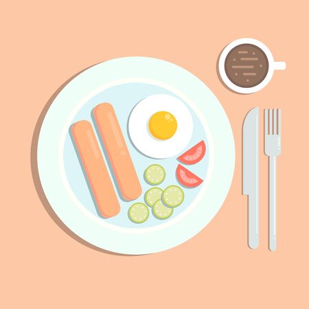 Flat styled illustration of a meal with fried egg, sausages, a cup of coffee, a fork and a knife.のイラスト素材