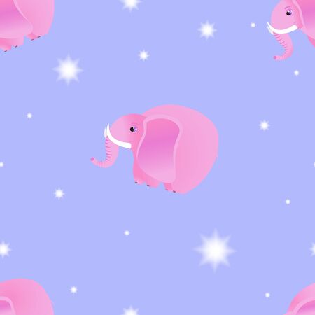 Seamless cartoon pattern with pink elephant and stars for textile, printing, web design.のイラスト素材