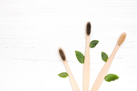 three bamboo toothbrushes fan out lie on a light wooden background association with trees, plastic free conceptの写真素材