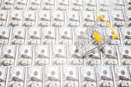 miniature shopping trolley on the background of unfolded 100 dollar bills