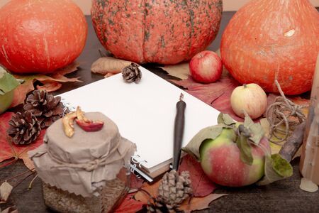 copybook tea can, autumn fruits and vegetables on a brown wooden table, dry fruits, apples, pumpkins, autumn mood, healthy, copy space, cones and branches, autumn composition, orange, red, yellow, cozy still life,white sheet for textの写真素材