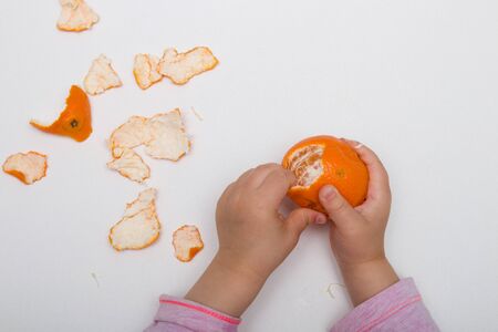 children's hands peel mandarin on a white background pink orangeの写真素材