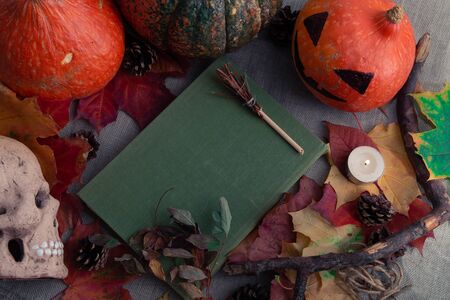 halloween flat lay still life composition background of skulls, pumpkins, autumn leaves, various holiday attributes, top view, copy spaceの写真素材