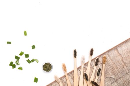 bamboo toothbrushes, slices of fresh aloe on a white background, copy space, top view, no plastics, eco friendly, natural cosmeticsの写真素材