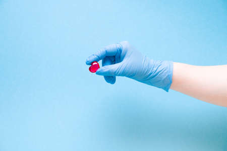 female hand in a blue disposable medical glove holds a small red glass center on a blue background,...