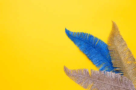 shiny gold and blue decorative plastic feathers on a yellow background, copy space, top view, festive background, masquerade and new year, bright colorsの写真素材
