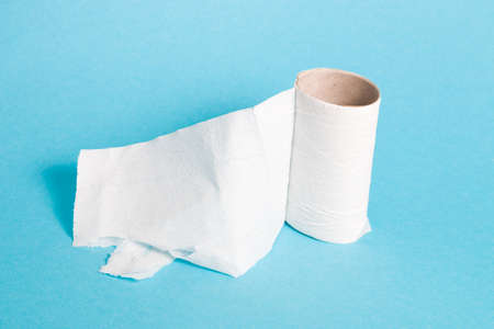 toilet paper is over, sleeve from a roll of white paper, blue background copy space, 2019-2020の写真素材