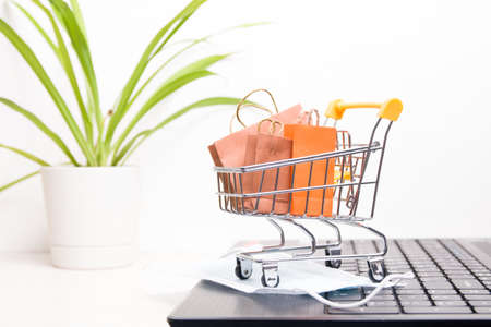 miniature shopping trolley on a black laptop stands, small paper bags in the trolley, copy space, online shopping during the coronavirus pandemic 2020, flower in the pot on the backgroundの写真素材