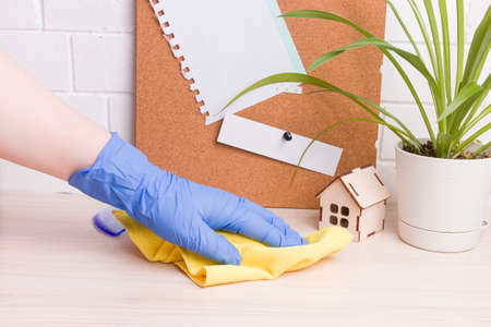 a female hand in a blue rubber glove wipes a desktop with a yellow rag, a flower in a pot and a cork board with notes on the background, a model of a wooden house, work from homeの写真素材