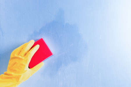 hand in a rubber yellow glove wipes a stain on the wall with a sponge, light blue background, copy...