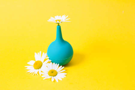 green small enema and chamomile on yellow backgroundの写真素材