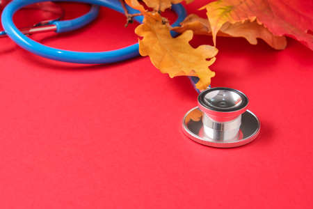 stethoscope and autumn maple leaves on red backgroundの写真素材
