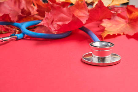 autumn leaves and stethoscope on red backgroundの写真素材