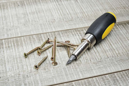screws for metal and a screwdriver with replaceable nozzles on a wooden background copy space