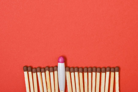 matches are arranged in a row on a red background, one waterproof match among simple matches top view copy sapceの写真素材