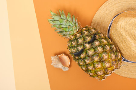 straw hat, shell and fresh pineapple with eyelashes on brown and beige background copy space top...