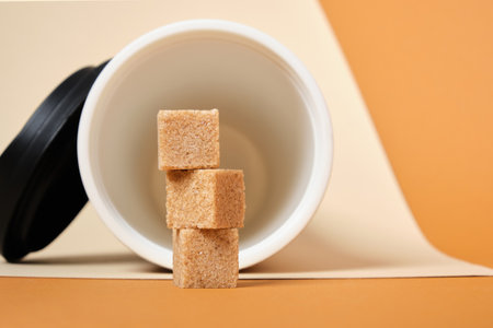 brown sugar cubes and thermo mug made of cork on a beige and brown background copy spaceの写真素材