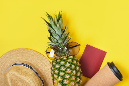 thermo cup, pineapple, hat, sunglasses and foreign passport on yellow background tropics vacation concept copy spaceの写真素材