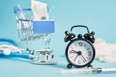 alarm clock syringe and ampoules and shopping trolley on blue background stethoscope face mask...