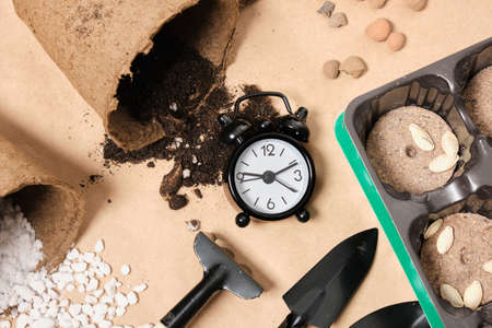 alarm clock and gardening tools on kraft paper place copy top view time for spring planting...