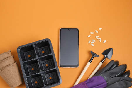 smartphone and garden equipment on brown background, gardener blog concept, seeds, pots, shovels and...