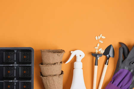 gardening tools on brown background with space for text top view seeds, pots, shovels and garden gloves, place copy top viewの写真素材
