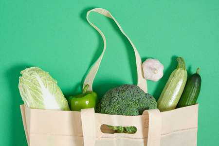 cloth shopper with vegetables on a green background eco friendly lifestyle concept, zero waste copy...