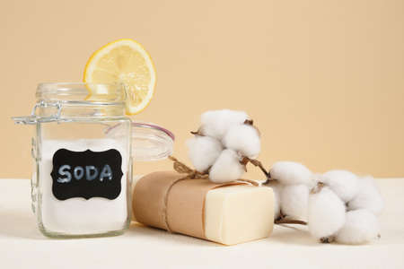 eco friendly cleaning set, soda and lemon for cleanong, zero waste lifestyle concept. baking soda in...