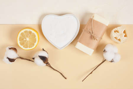 eco friendly cleaning and body care kit, lemon, soap, soda, loofah, sponge and cotton flower on beige background, zero waste lifestyle concept top view copy spaceの写真素材