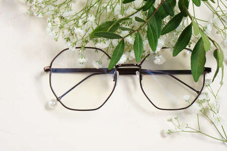 stylish glasses and flowers on a light background copy space, optics store concept a fresh twig with...