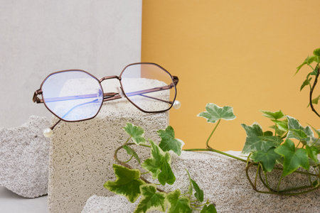eye glasses on a concrete podium on a beige background, trend composition, stylish eye glasses on a beige background with plants and tiles copy spaceの写真素材