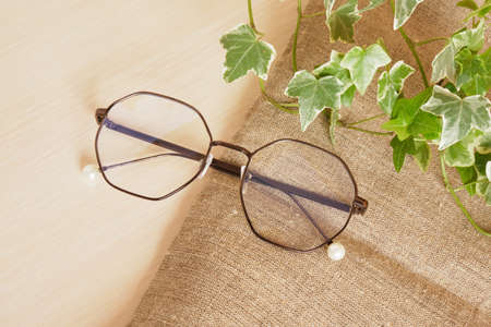 stylish eye glasses and plant leaves on linen fabric, brown background copy space
