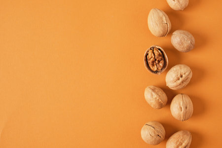 walnuts pattern on brown background, top view copy space walnuts in shell and without shell in a rowの写真素材