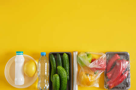 set of products in various plastic packaging, plastic environmental pollution concept, say no to...
