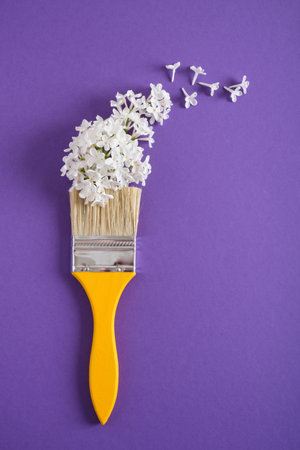 wooden yellow paint brushes and white flowers of lilac on a dark purple background nature atr concept copy spaceの写真素材