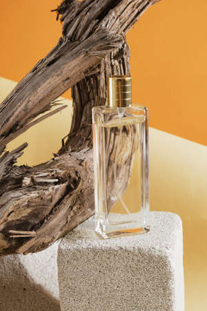 glass bottle of perfume on a concrete podium, against a background of driftwood, natural shade backgroundの写真素材