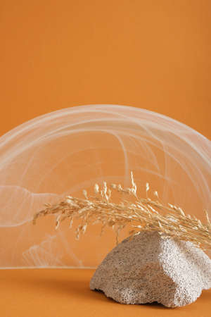 fragment of concrete block and glass arch podium and blade of grass on brown background, blanc mock...