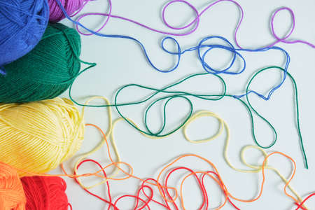 skeins of lgbt flag colors on light blue background copy space knitting lgbt symbols conceptの写真素材