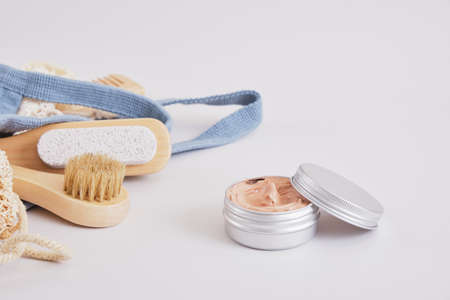 makeup brush and cosmetic red clay in an aluminum jar, natural cosmetics and products set, zero...