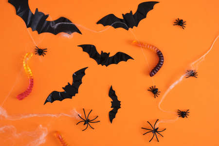 halloween decoration concept gummy worms, spiders, cobwebs and bats on orange background, halloween...