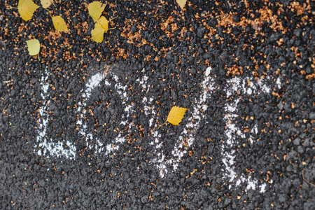 the word LOVE in chalk on the asphalt, creative love concept, autumn leaves top viewの写真素材