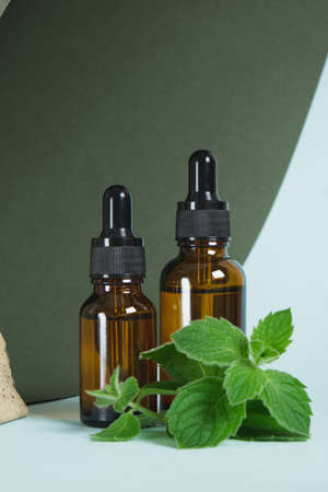 amber glass dropper bottles and mint leaves, peppermint oil in a bottle with pipette, the use of peppermint oil in aromatherapy and cosmetics mock upの写真素材