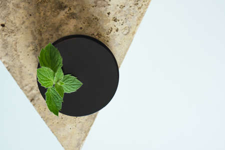 cosmetic black cream jar and fresh mint on triangular stone light blue background. Organic cosmetics concept. Natural cosmetic product concept. skin care product with peppermint oilの写真素材